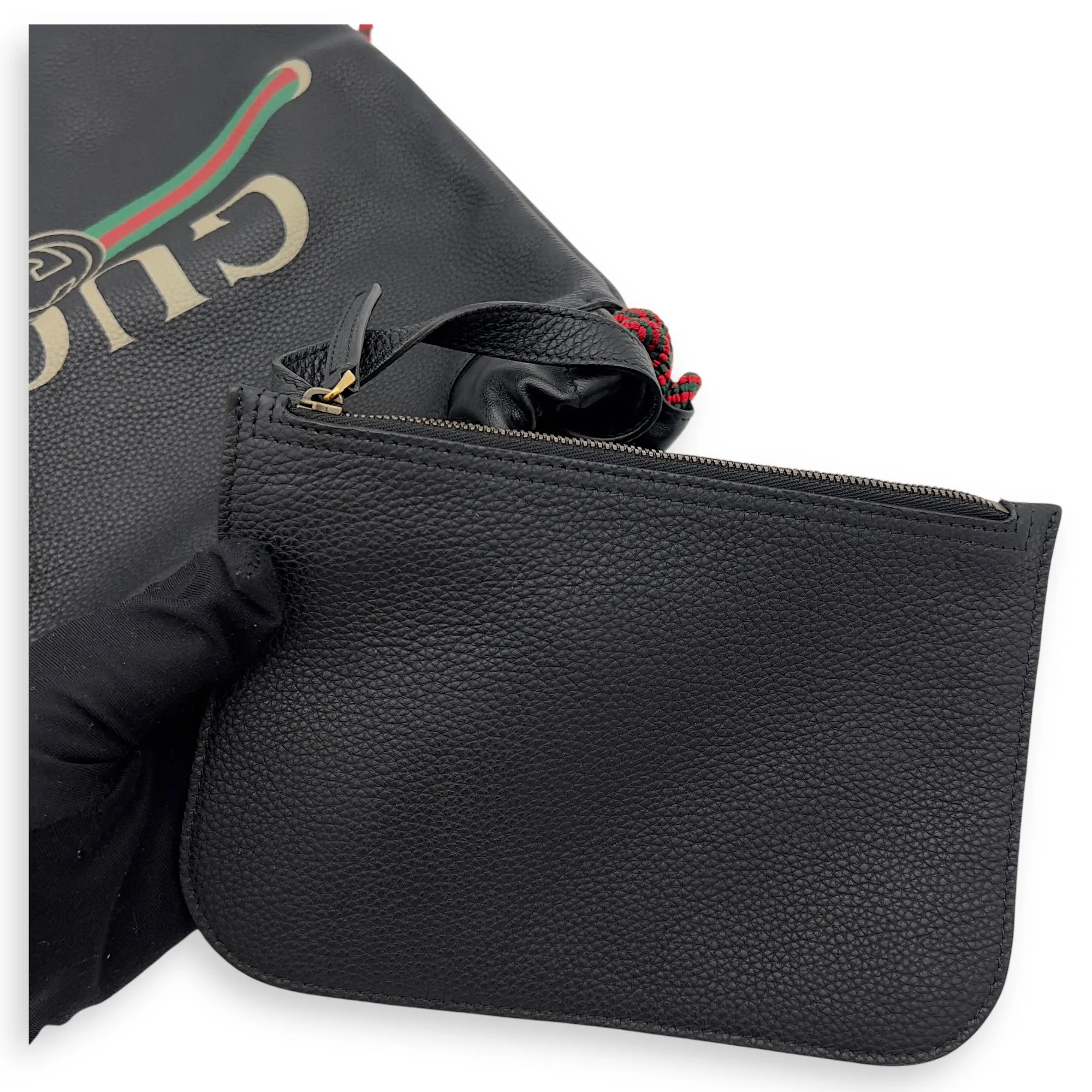 Logo Black Drawstring Backpack in Calfskin