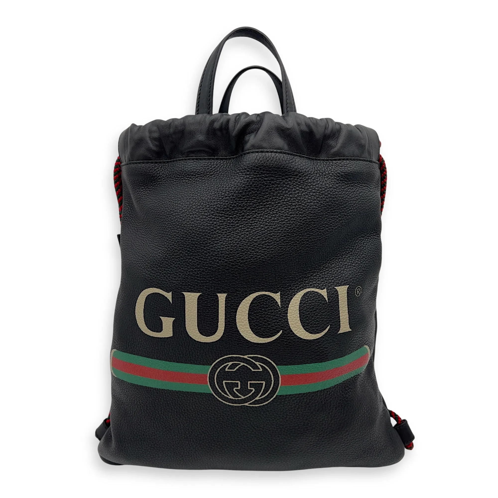 Logo Black Drawstring Backpack in Calfskin