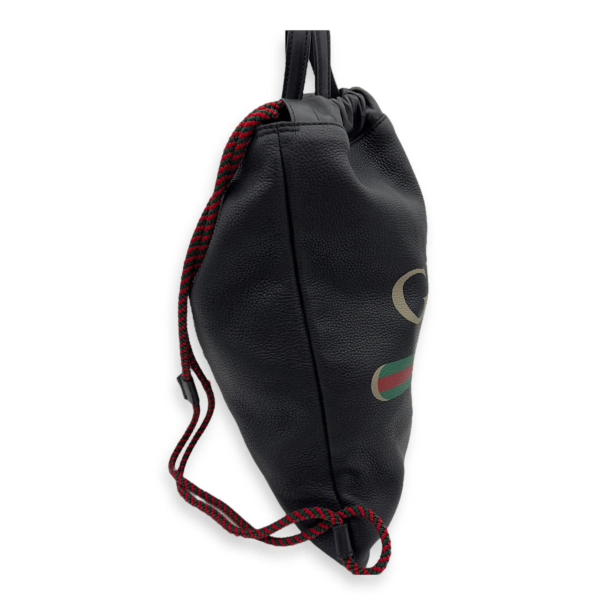 Logo Black Drawstring Backpack in Calfskin