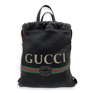 Logo Black Drawstring Backpack in Calfskin