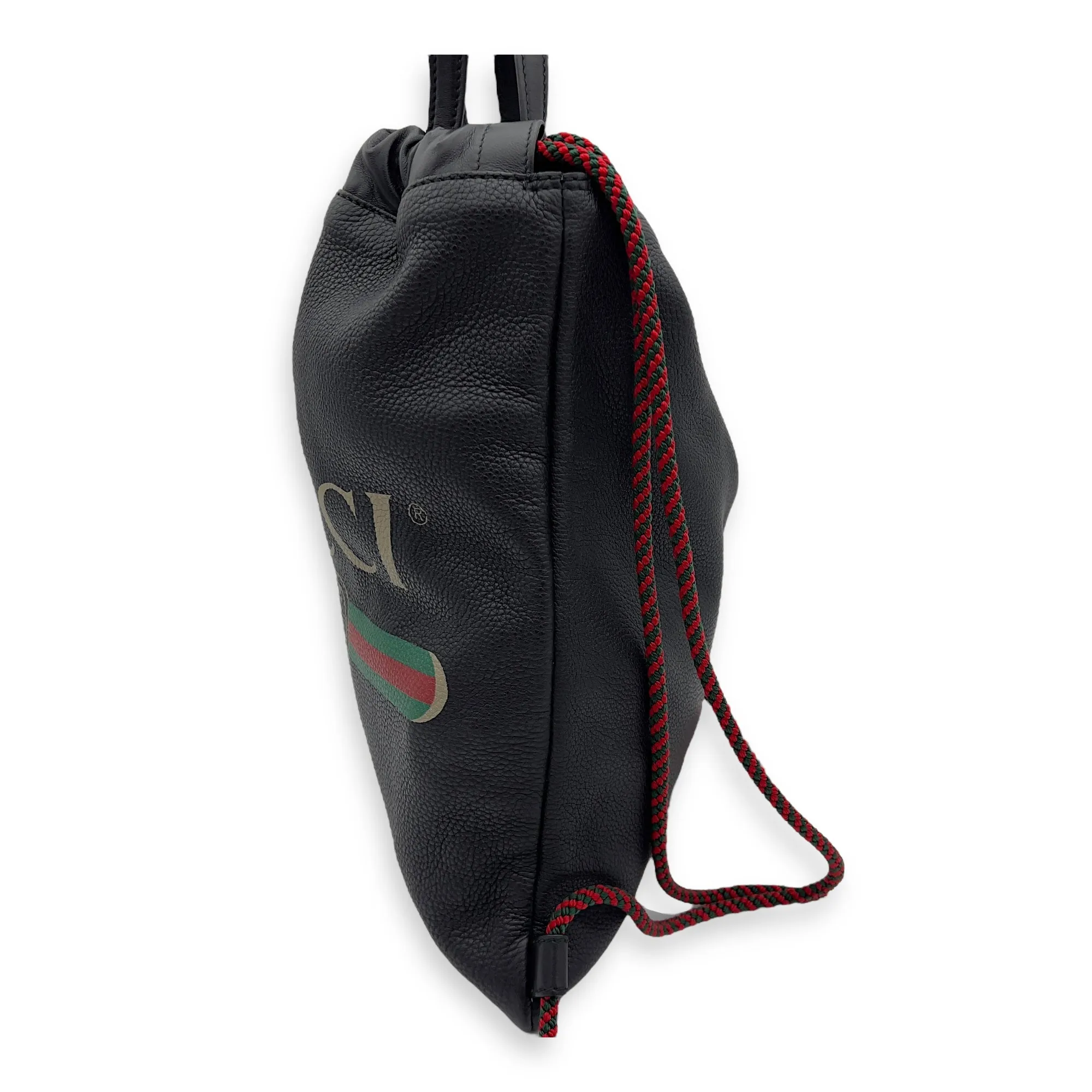 Logo Black Drawstring Backpack in Calfskin