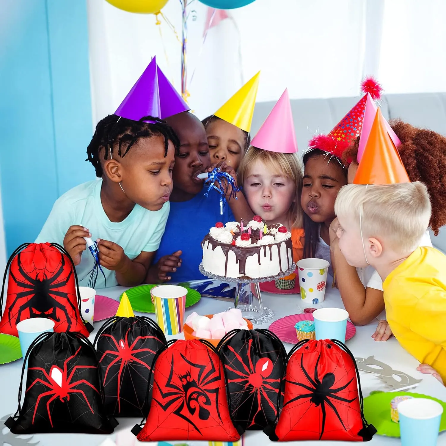 Lothee 24 Pcs Spider Web Drawstring Bags Birthday Party Decoration Goodie Bag Backpack for Birthday Party Supplies (Novel Style)