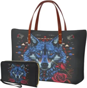 Lotusorchid 2 Pcs Hand bags Purses, Women Top Handle Bag Satchel Shoulder Bag, Large Tote Handbag with PU Wallet