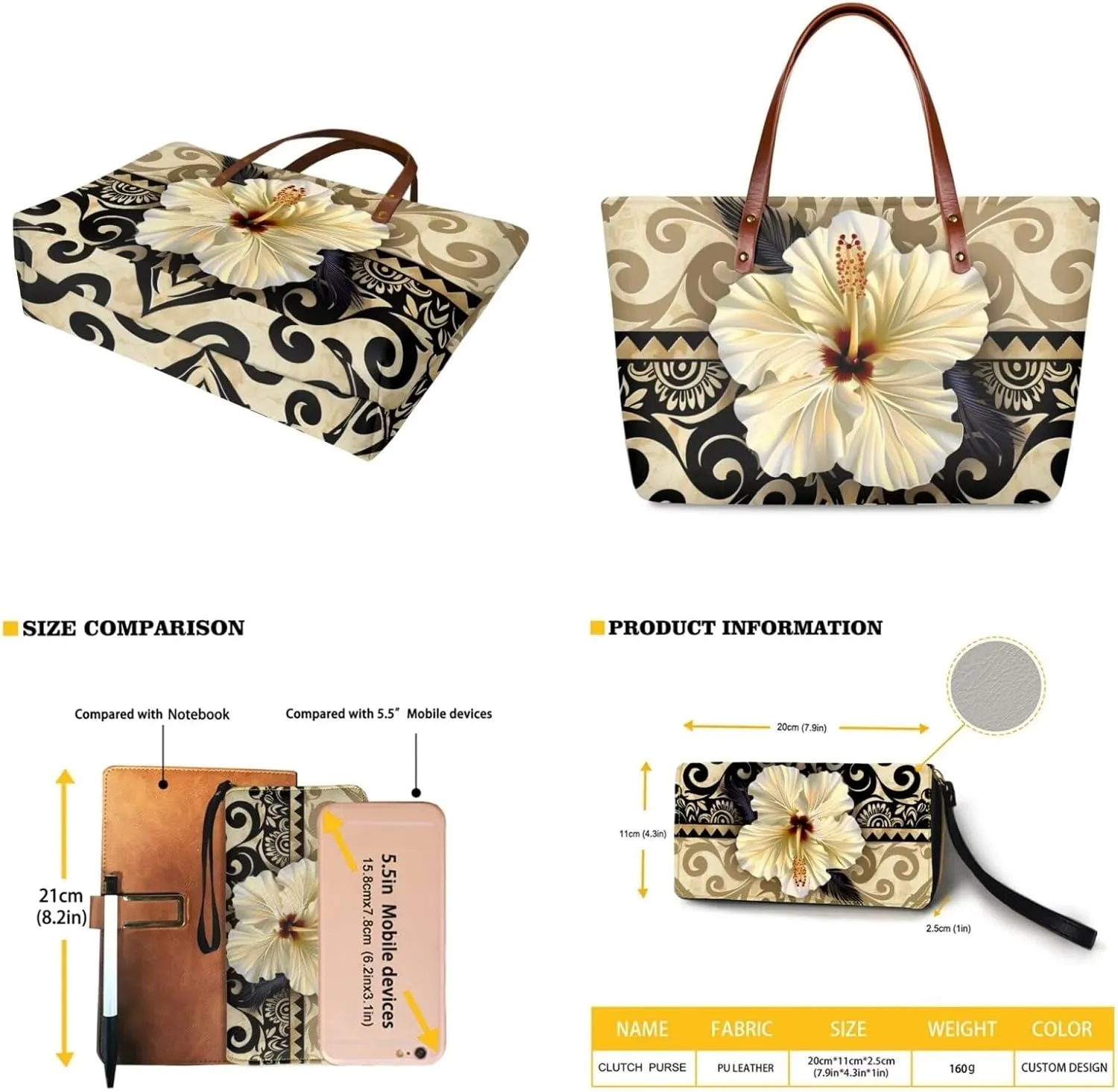 Lotusorchid 2 Pcs Hand bags Purses, Women Top Handle Bag Satchel Shoulder Bag, Large Tote Handbag with PU Wallet