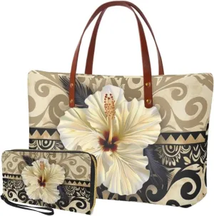 Lotusorchid 2 Pcs Hand bags Purses, Women Top Handle Bag Satchel Shoulder Bag, Large Tote Handbag with PU Wallet