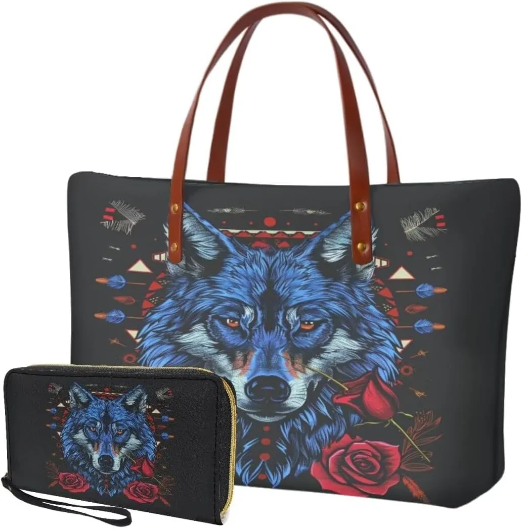 Lotusorchid 2 Pcs Hand bags Purses, Women Top Handle Bag Satchel Shoulder Bag, Large Tote Handbag with PU Wallet