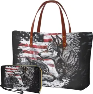 Lotusorchid 2 Pcs Hand bags Purses, Women Top Handle Bag Satchel Shoulder Bag, Large Tote Handbag with PU Wallet