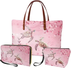 Lotusorchid Top Handle Bag Purse and Wallet Set Large Tote Handbag Satchel Purse with Leather Cosmetic Bag for Women