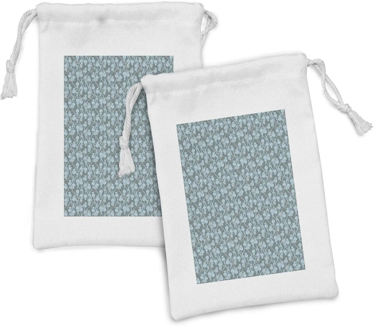 Lunarable Abstract Fabric Pouch Set of 2, Sketched Hand-drawn Fictional Effect Botanical Elements, Small Drawstring Bag for Toiletries Masks and Favors, 9" x 6", Sage Green Grey Teal
