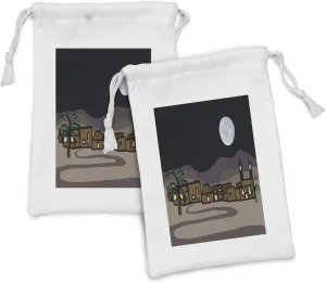 Lunarable Egyptian Print Fabric Pouch Set of 2, Settlement in Desert with Tropical Palm Trees and Pathway at Night, Small Drawstring Bag for Toiletries Masks and Favors, 9" x 6", Multicolor