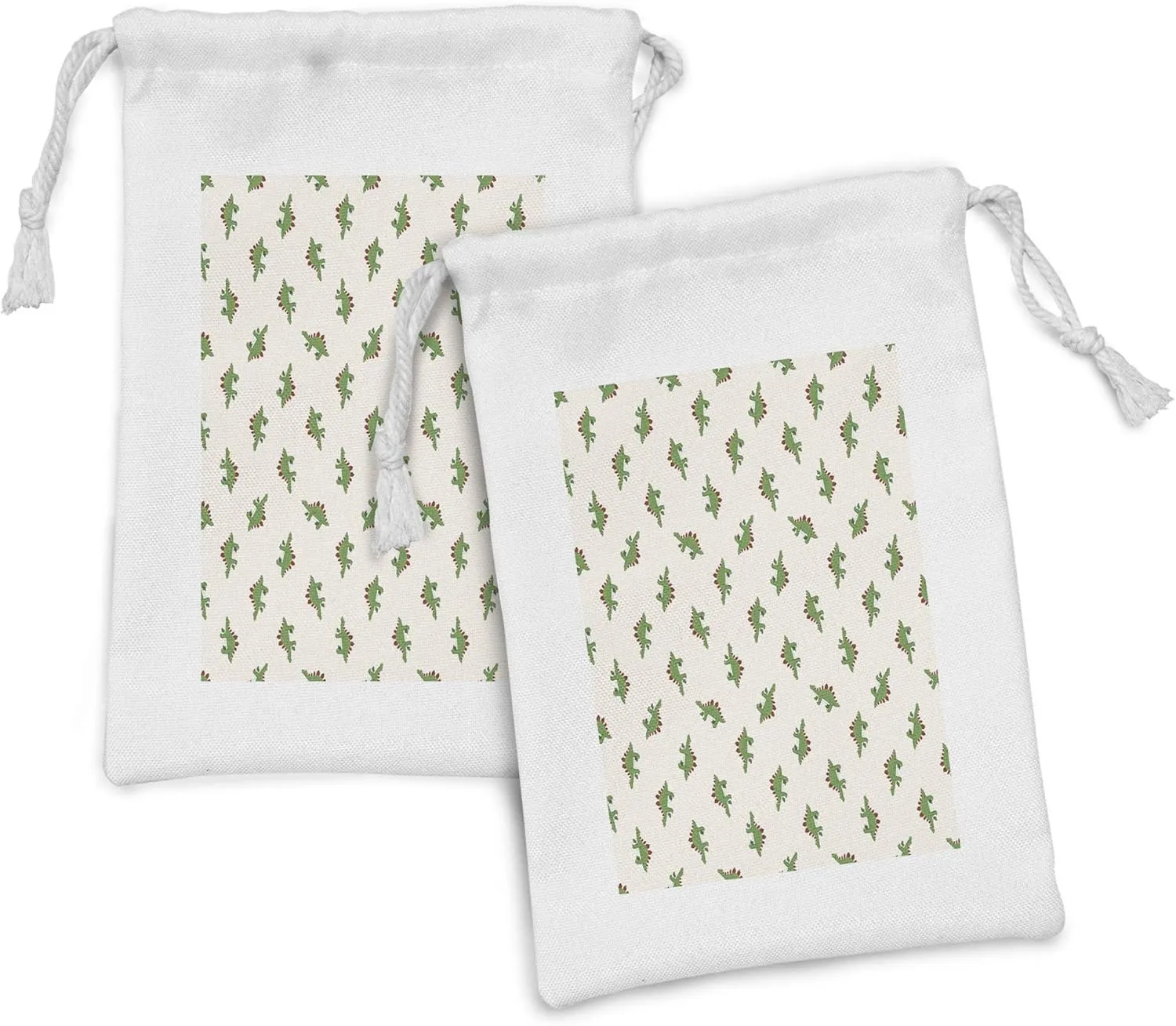 Lunarable Jurassic Fabric Pouch Set of 2, Stegosaurus Dinosaur Prehistoric Herbivorous Reptiles Extinct Animals, Small Drawstring Bag for Toiletries Masks and Favors, 9" x 6", Fern Green Ruby Beige