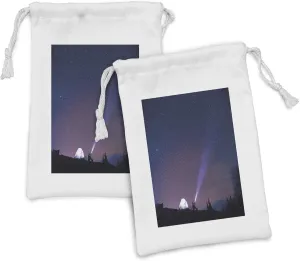 Lunarable Starry Forest Fabric Pouch Set of 2, Camping Adventurous Photo Man Sits Next to Tent Looking at the Sky, Small Drawstring Bag for Toiletries Masks and Favors, 9" x 6", Charcoal Grey Quartz