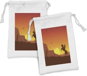 Lunarable Western Fabric Pouch Set of 2, American Wild West Desert with Cowboy on Horse Sunset Cactus Arid Lands, Small Drawstring Bag for Toiletries Masks and Favors, 9" x 6", Orange Yellow Brown