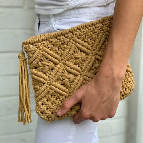 Macrame Clutch with Tassel- Tan