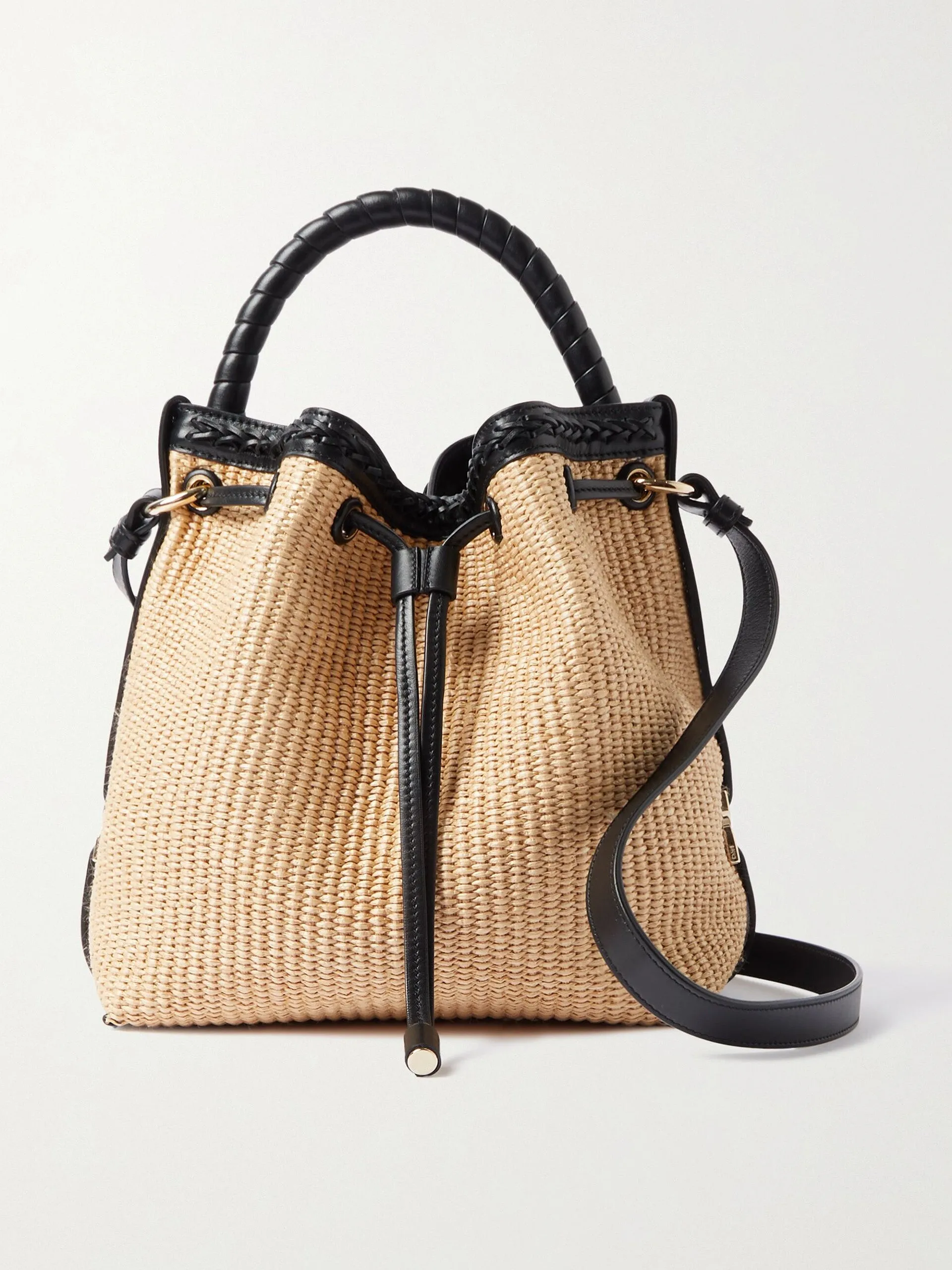 Marcie leather-trimmed raffia bucket bag