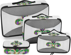 Mardi Gras Gold Jewelry Lily Fleur de Lis Green and Purple Diamonds 4 PCs Set Packing Bags, Luggage Organizer Bag, Portable Cube Toiletry bag, Durable Travel Cosmetic Storage Bag for Men Women