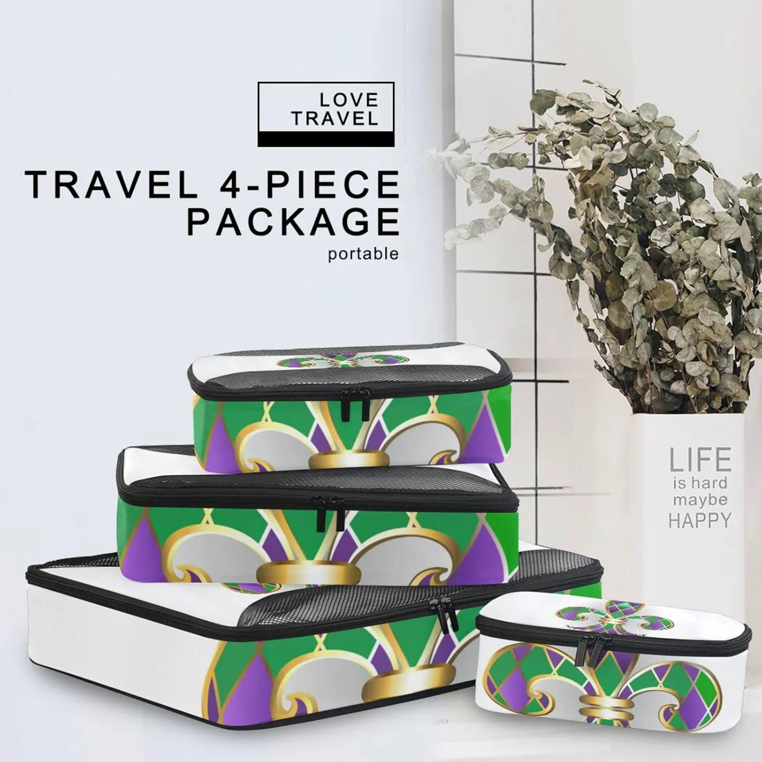 Mardi Gras Gold Jewelry Lily Fleur de Lis Green and Purple Diamonds 4 PCs Set Packing Bags, Luggage Organizer Bag, Portable Cube Toiletry bag, Durable Travel Cosmetic Storage Bag for Men Women