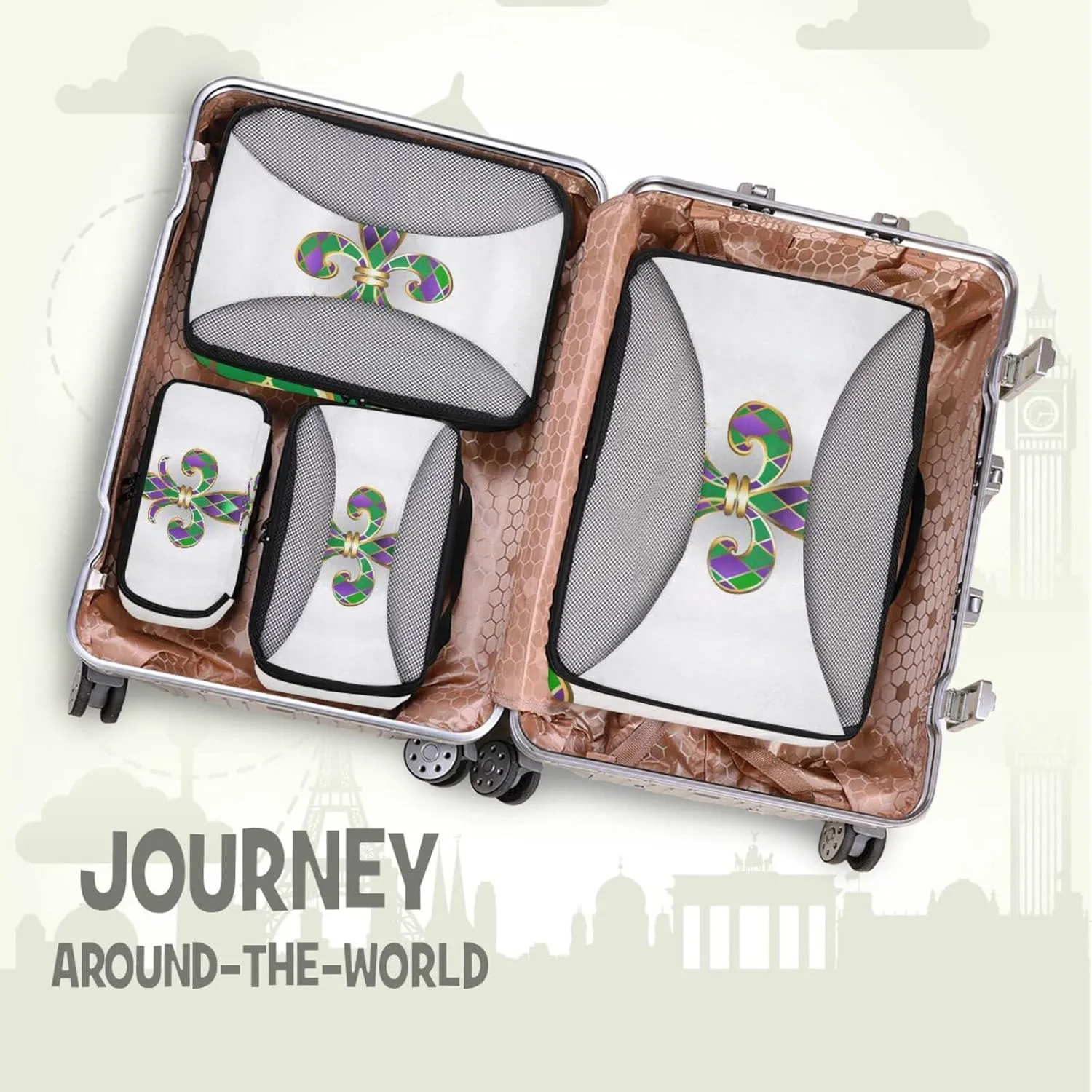 Mardi Gras Gold Jewelry Lily Fleur de Lis Green and Purple Diamonds 4 PCs Set Packing Bags, Luggage Organizer Bag, Portable Cube Toiletry bag, Durable Travel Cosmetic Storage Bag for Men Women