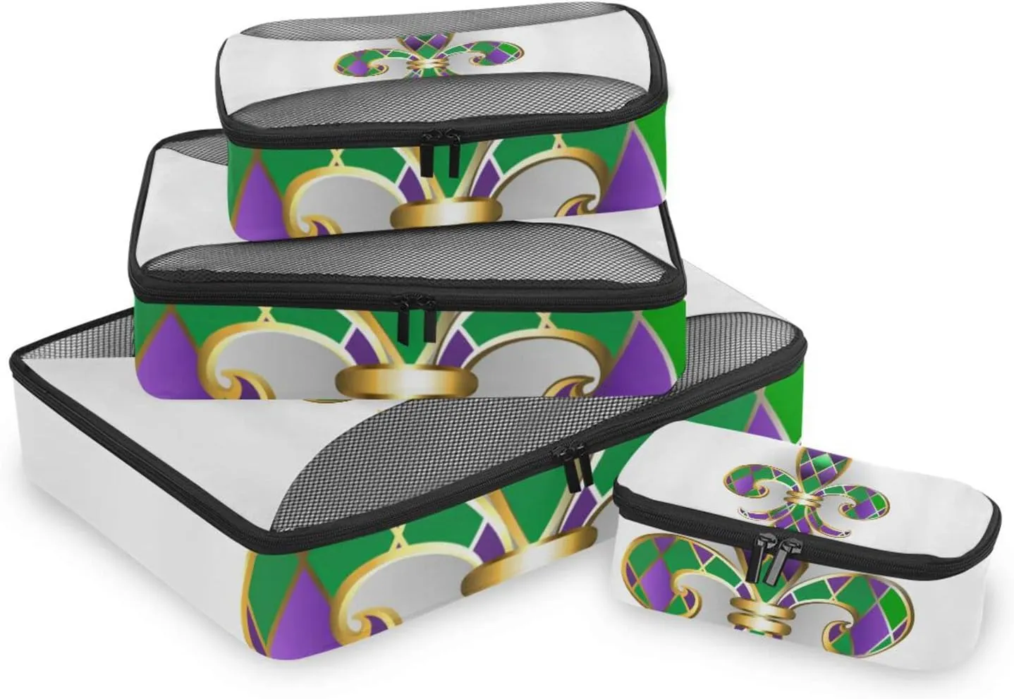 Mardi Gras Gold Jewelry Lily Fleur de Lis Green and Purple Diamonds 4 PCs Set Packing Bags, Luggage Organizer Bag, Portable Cube Toiletry bag, Durable Travel Cosmetic Storage Bag for Men Women