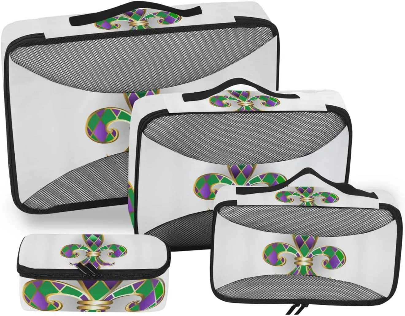 Mardi Gras Gold Jewelry Lily Fleur de Lis Green and Purple Diamonds 4 PCs Set Packing Bags, Luggage Organizer Bag, Portable Cube Toiletry bag, Durable Travel Cosmetic Storage Bag for Men Women