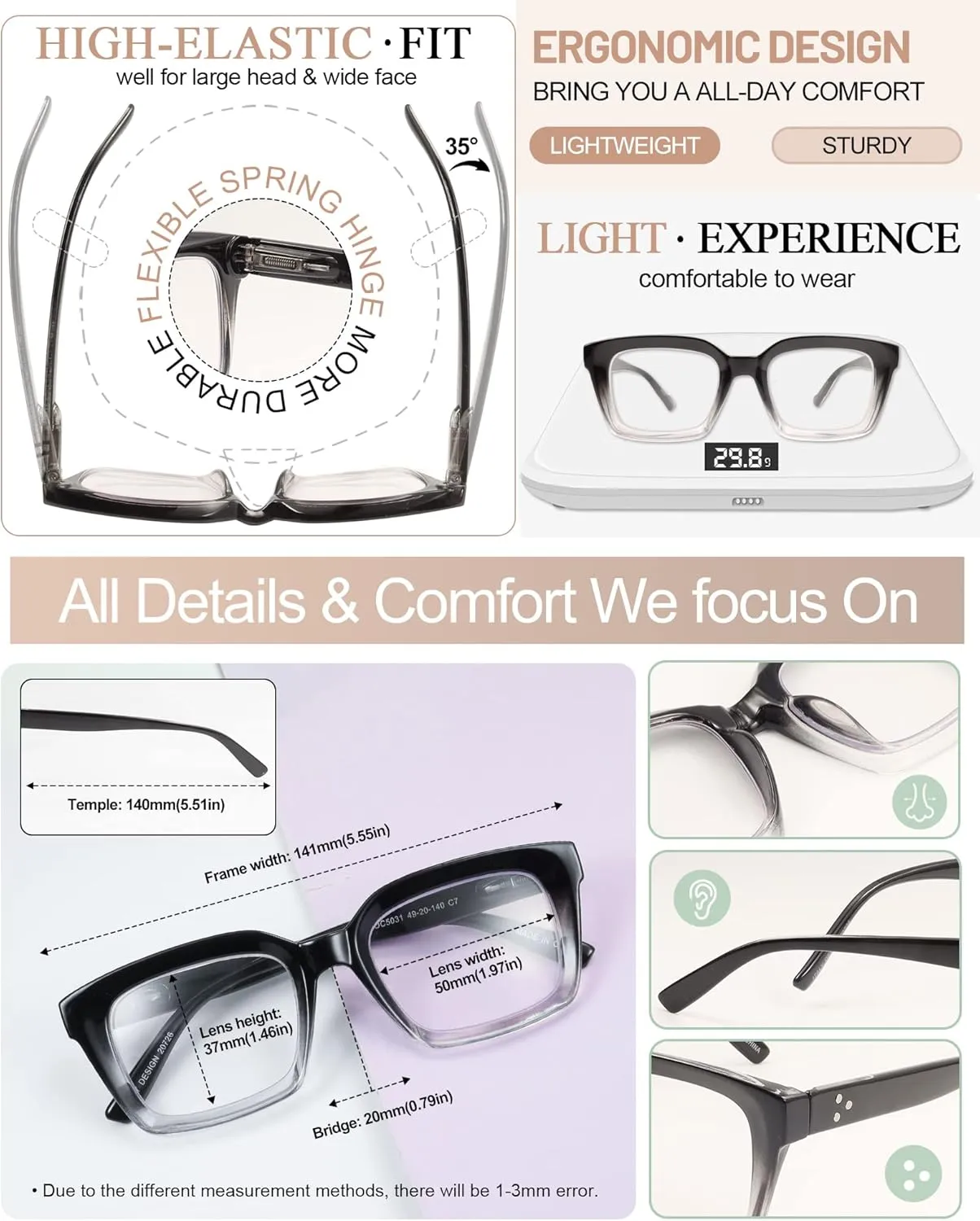 MARE AZZURO No Line Bifocal Reading Glasses Women Oversized Blue Light Blocking Readers 0 1.0 1.5 2.0 2.5 3.0 3.5