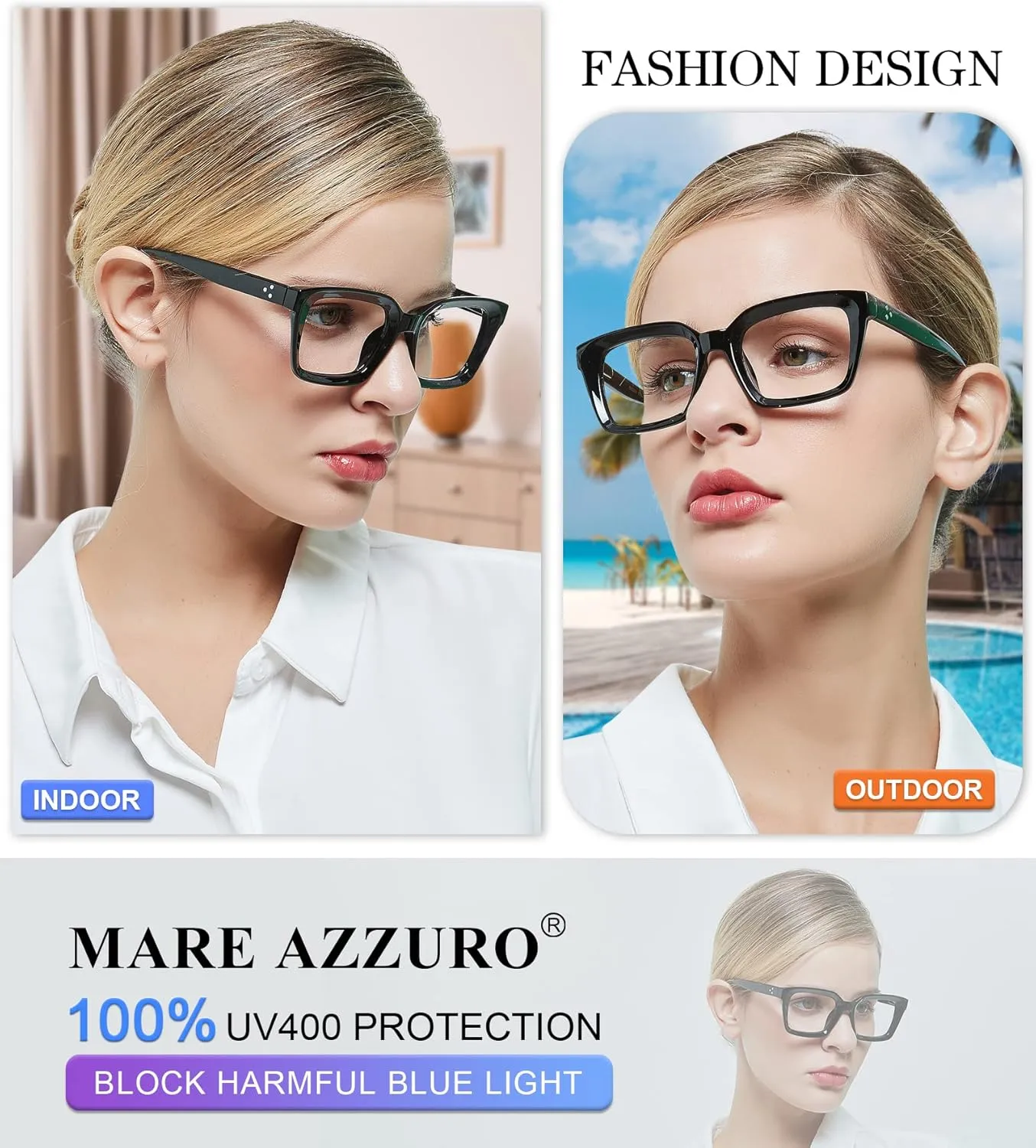 MARE AZZURO No Line Bifocal Reading Glasses Women Oversized Blue Light Blocking Readers 0 1.0 1.5 2.0 2.5 3.0 3.5