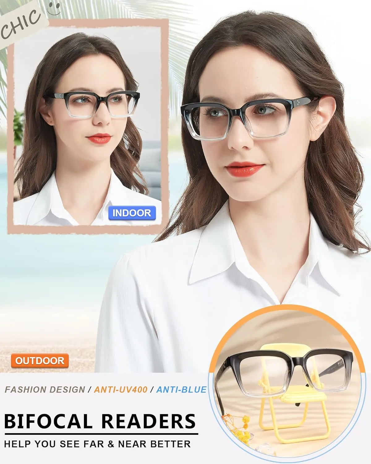 MARE AZZURO No Line Bifocal Reading Glasses Women Oversized Blue Light Blocking Readers 0 1.0 1.5 2.0 2.5 3.0 3.5