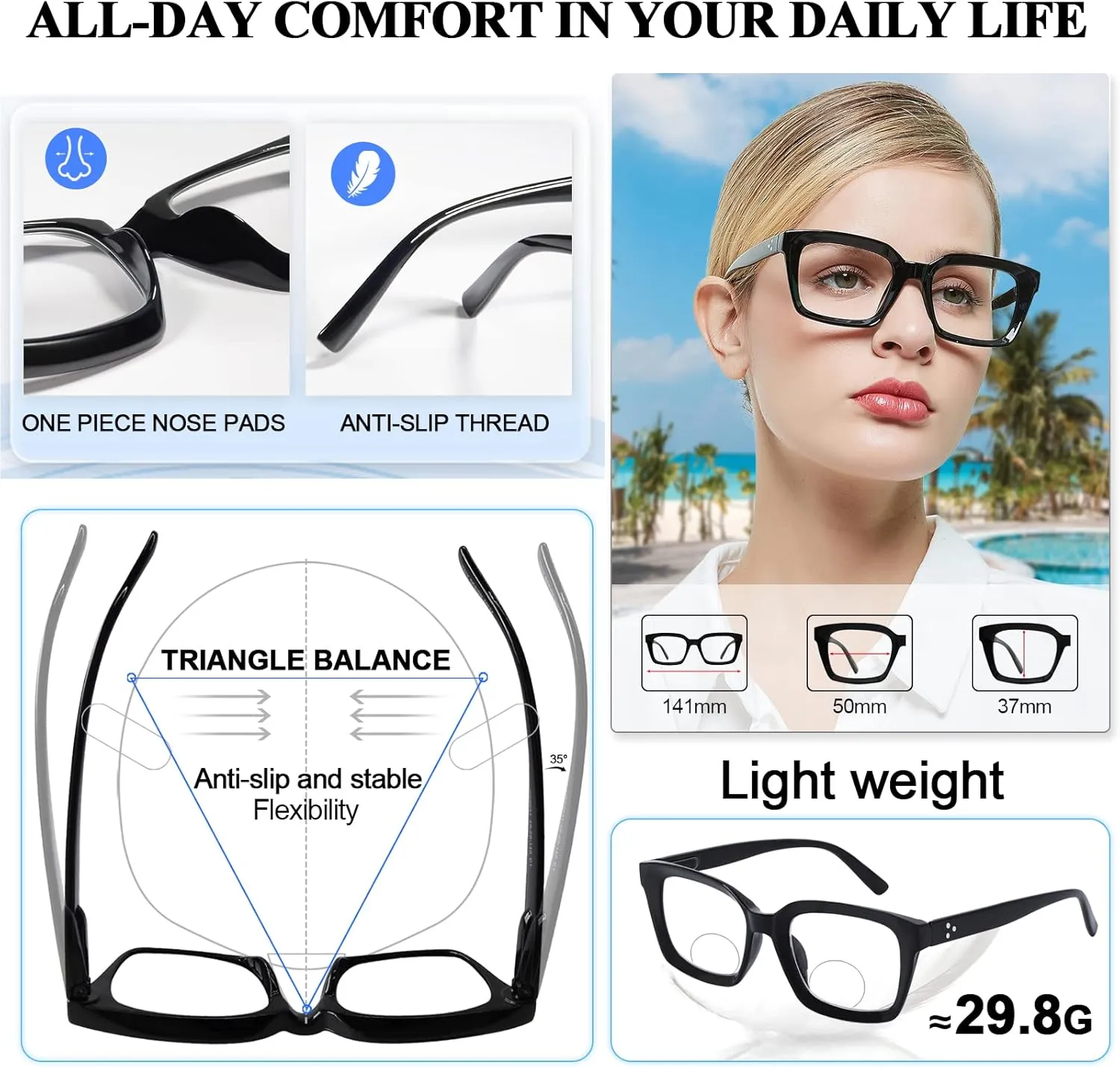 MARE AZZURO No Line Bifocal Reading Glasses Women Oversized Blue Light Blocking Readers 0 1.0 1.5 2.0 2.5 3.0 3.5