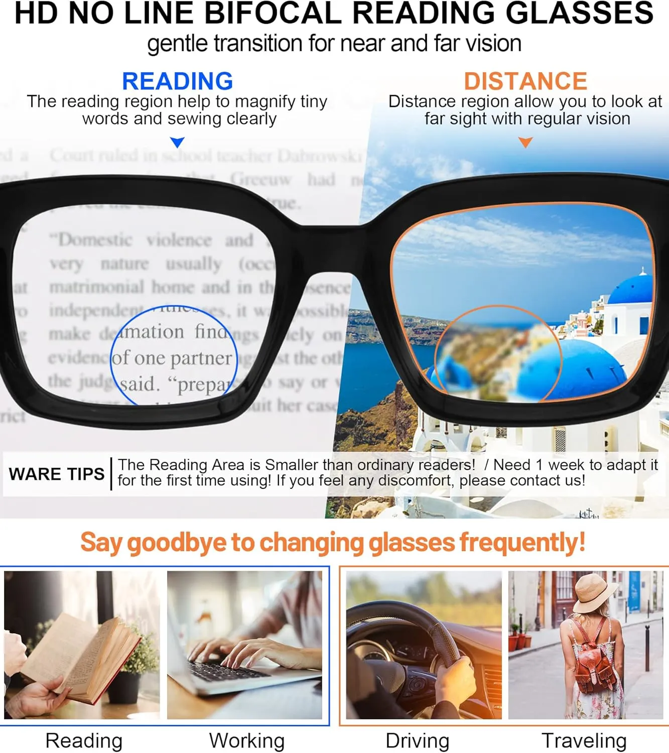 MARE AZZURO No Line Bifocal Reading Glasses Women Oversized Blue Light Blocking Readers 0 1.0 1.5 2.0 2.5 3.0 3.5