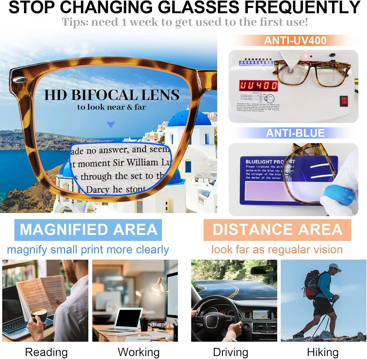 MARE AZZURO Oversized Bifocal Reading Glasses Men Blue Light Blocking Readers 1.0 1.25 1.5 1.75 2.0 2.25 2.5 2.75 3.0 3.5