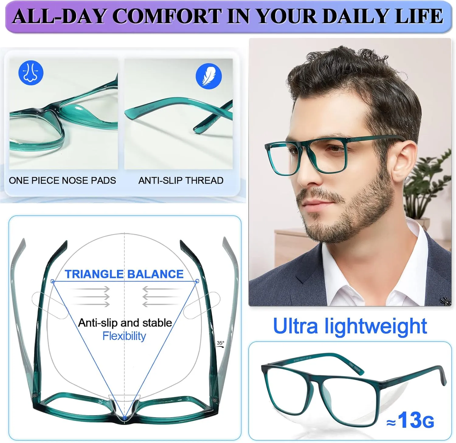 MARE AZZURO Oversized Blue Light Blocking Reading Glasses Men Computer Reader 0 1.00 1.25 1.50 1.75 2.00 2.25 2.50 2.75 3.00 3.50 4.00 5.00 6.00 (Turquoise, 0)