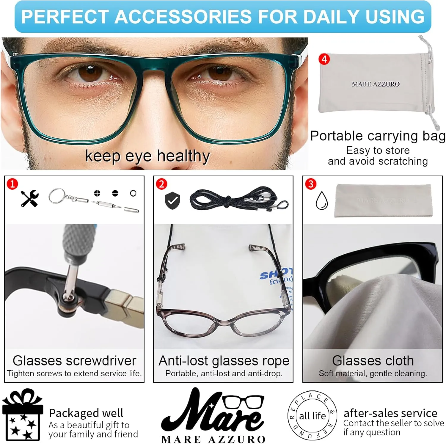 MARE AZZURO Oversized Blue Light Blocking Reading Glasses Men Computer Reader 0 1.00 1.25 1.50 1.75 2.00 2.25 2.50 2.75 3.00 3.50 4.00 5.00 6.00 (Turquoise, 0)