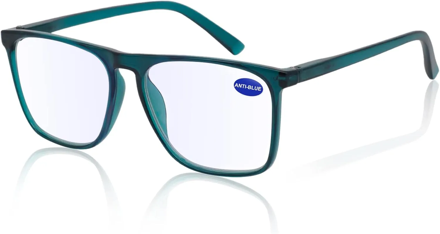 MARE AZZURO Oversized Blue Light Blocking Reading Glasses Men Computer Reader 0 1.00 1.25 1.50 1.75 2.00 2.25 2.50 2.75 3.00 3.50 4.00 5.00 6.00 (Turquoise, 0)