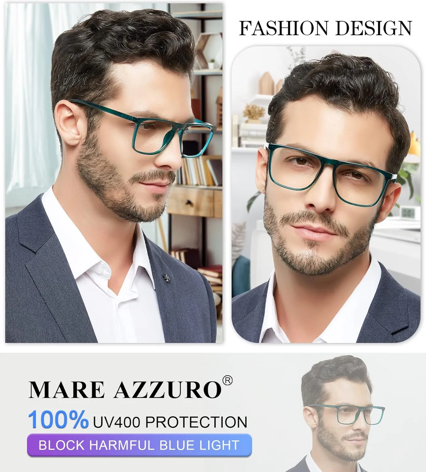 MARE AZZURO Oversized Blue Light Blocking Reading Glasses Men Computer Reader 0 1.00 1.25 1.50 1.75 2.00 2.25 2.50 2.75 3.00 3.50 4.00 5.00 6.00 (Turquoise, 0)
