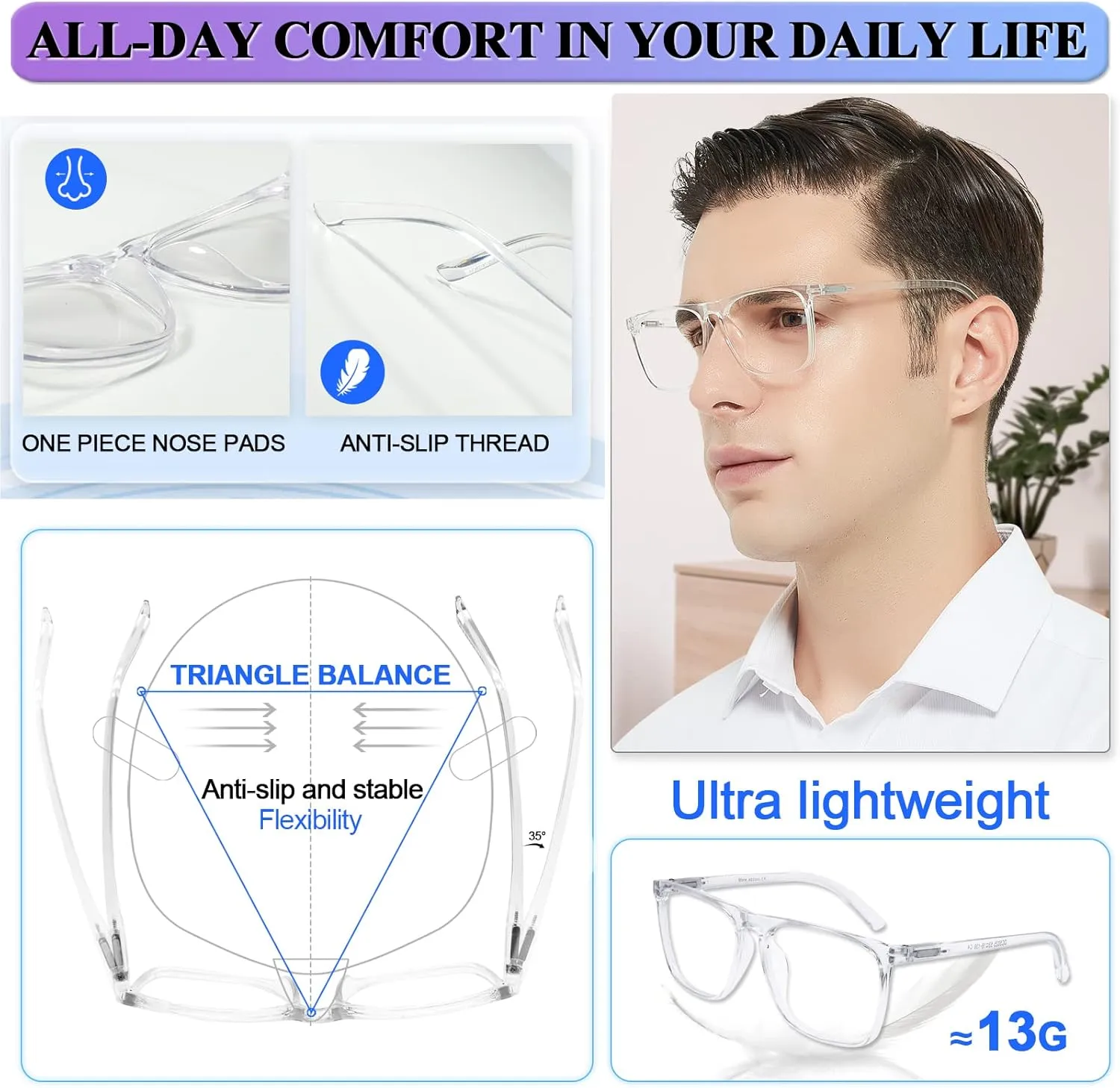 MARE AZZURO Oversized Computer Reading Glasses Men Digital Screen Reader 0 1.0 1.25 1.5 1.75 2.0 2.25 2.5 2.75 3.0 3.5 4.0 5.0 6.0 (Transparent, 0)