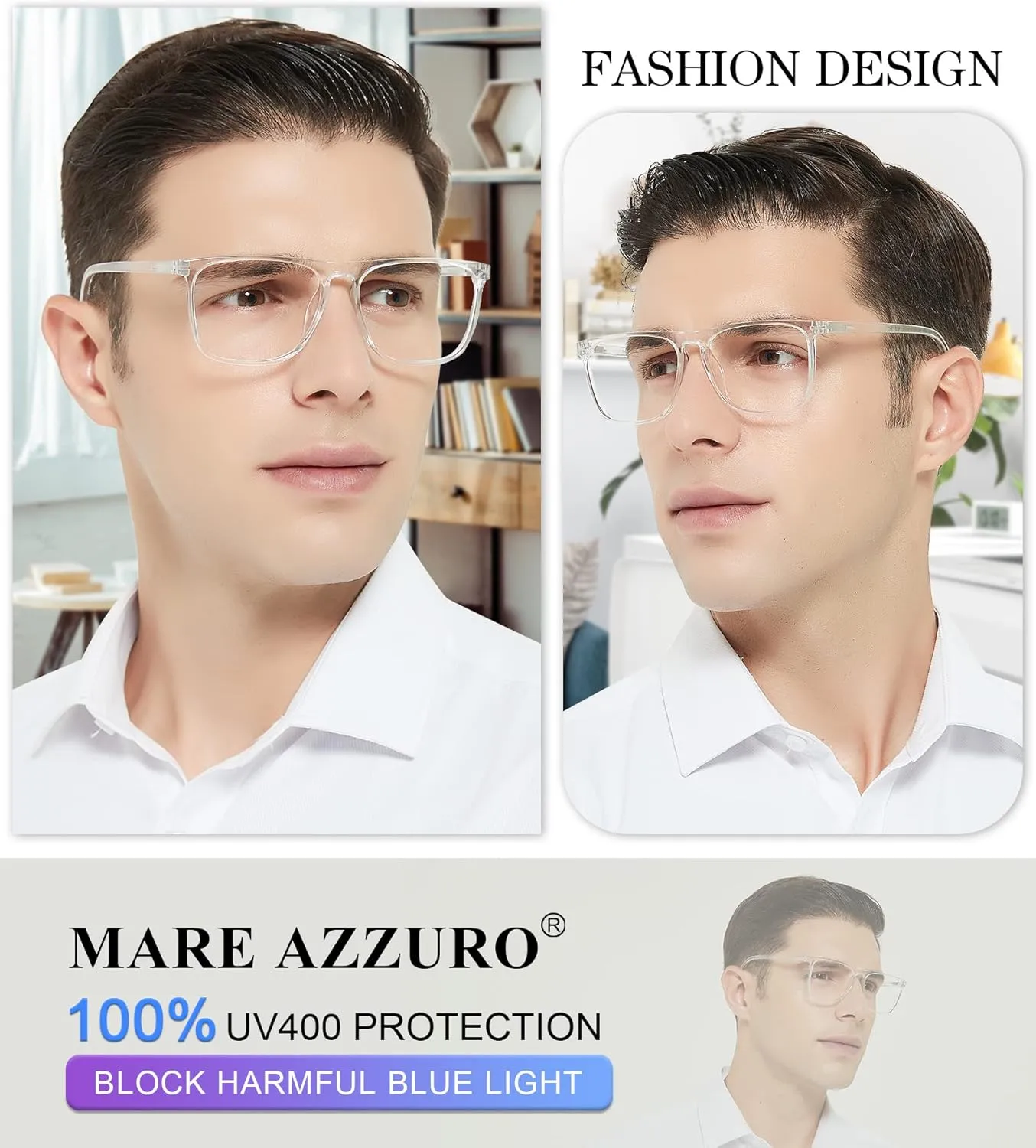 MARE AZZURO Oversized Computer Reading Glasses Men Digital Screen Reader 0 1.0 1.25 1.5 1.75 2.0 2.25 2.5 2.75 3.0 3.5 4.0 5.0 6.0 (Transparent, 0)