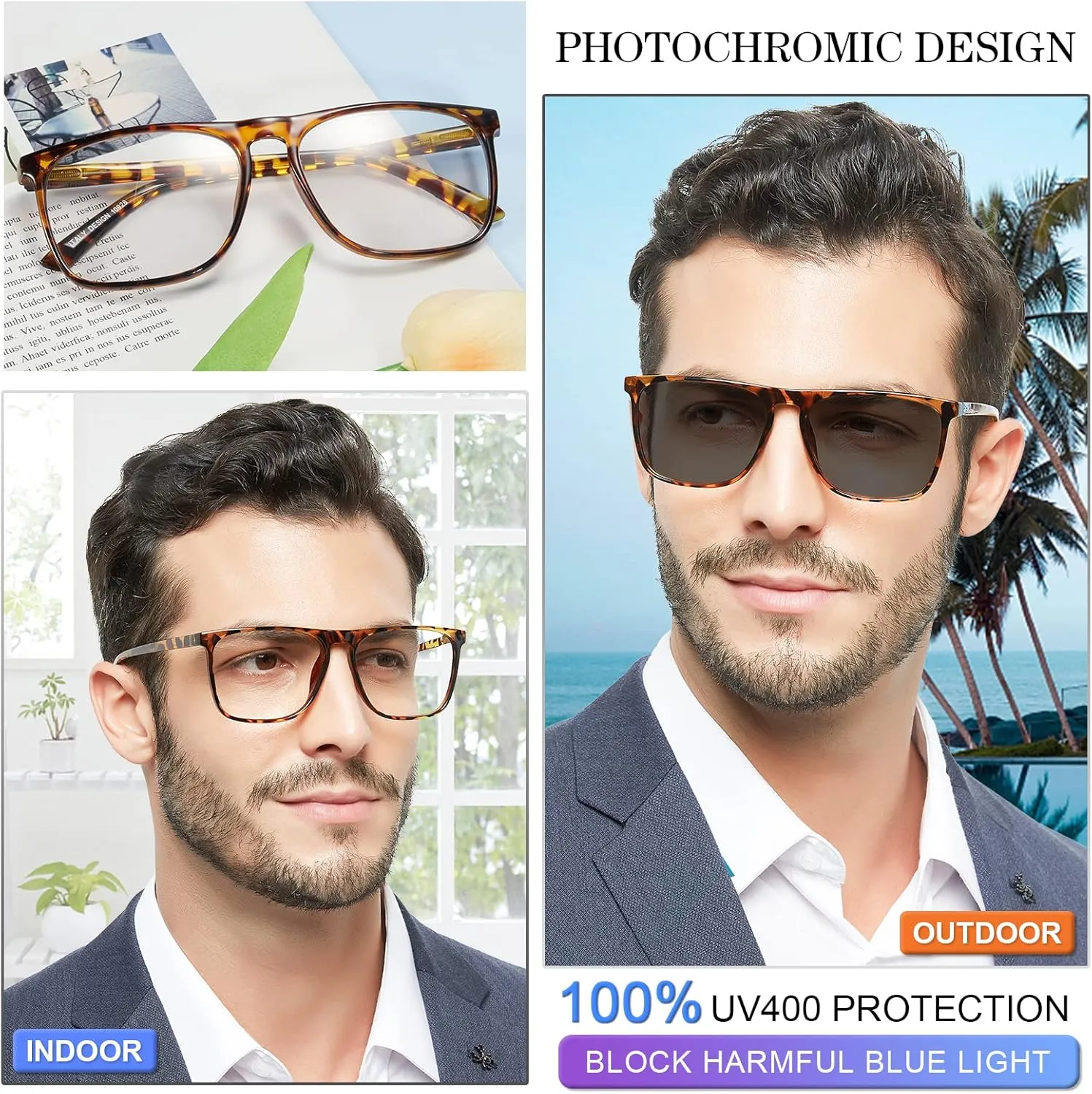 MARE AZZURO Photochromic Reading Glasses Men Blue Light Blocking Oversized Square Readers 1.0 1.5 2.0 2.5 3.0 3.5 4.0
