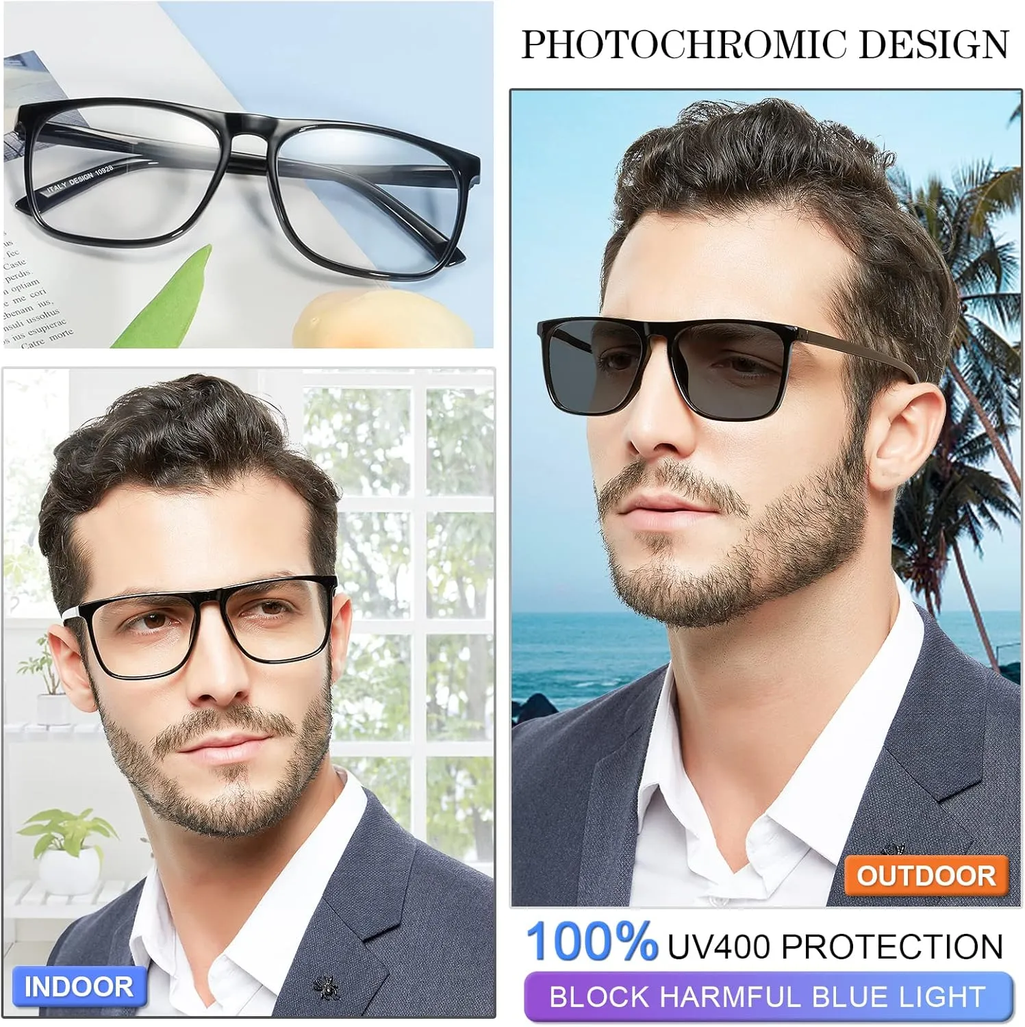 MARE AZZURO Photochromic Reading Glasses Men Blue Light Blocking Oversized Square Readers 1.0 1.5 2.0 2.5 3.0 3.5 4.0