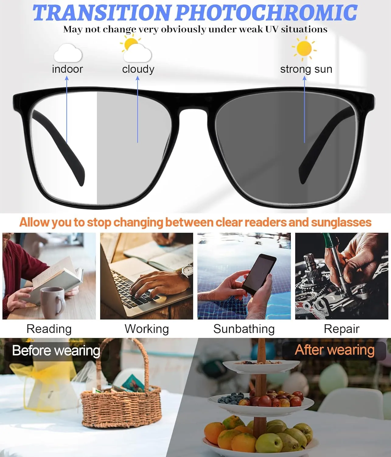 MARE AZZURO Photochromic Reading Glasses Men Blue Light Blocking Oversized Square Readers 1.0 1.5 2.0 2.5 3.0 3.5 4.0