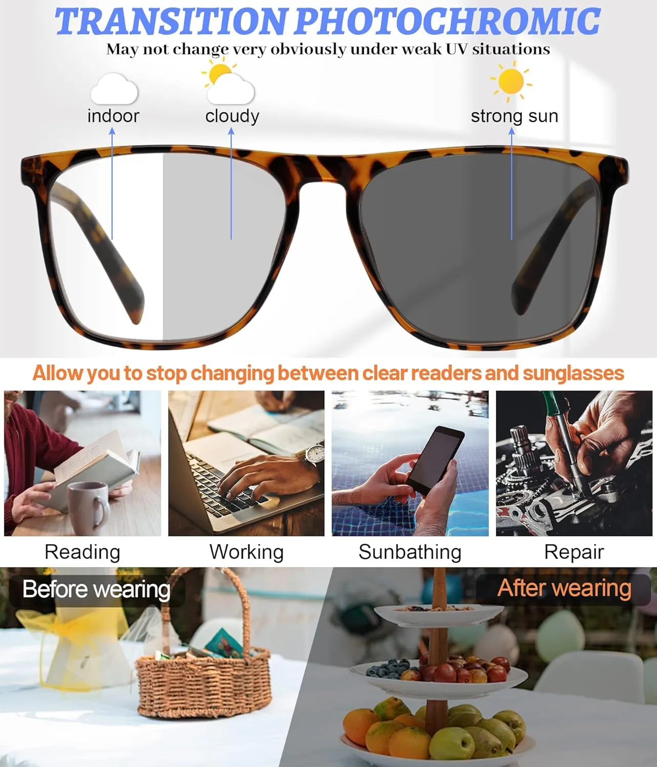 MARE AZZURO Photochromic Reading Glasses Men Blue Light Blocking Oversized Square Readers 1.0 1.5 2.0 2.5 3.0 3.5 4.0