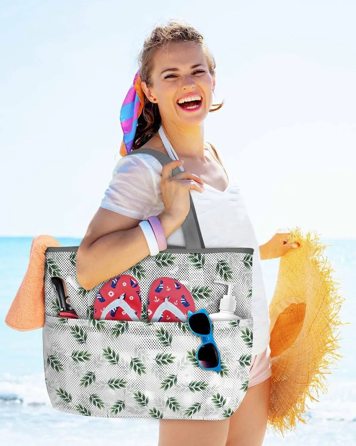 Mesh Beach Bag Oversized Tote Bags for Women Pastoral Green Leaves on White Large Bags for Travel Pool Grocery