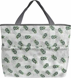 Mesh Beach Bag Oversized Tote Bags for Women Pastoral Green Leaves on White Large Bags for Travel Pool Grocery