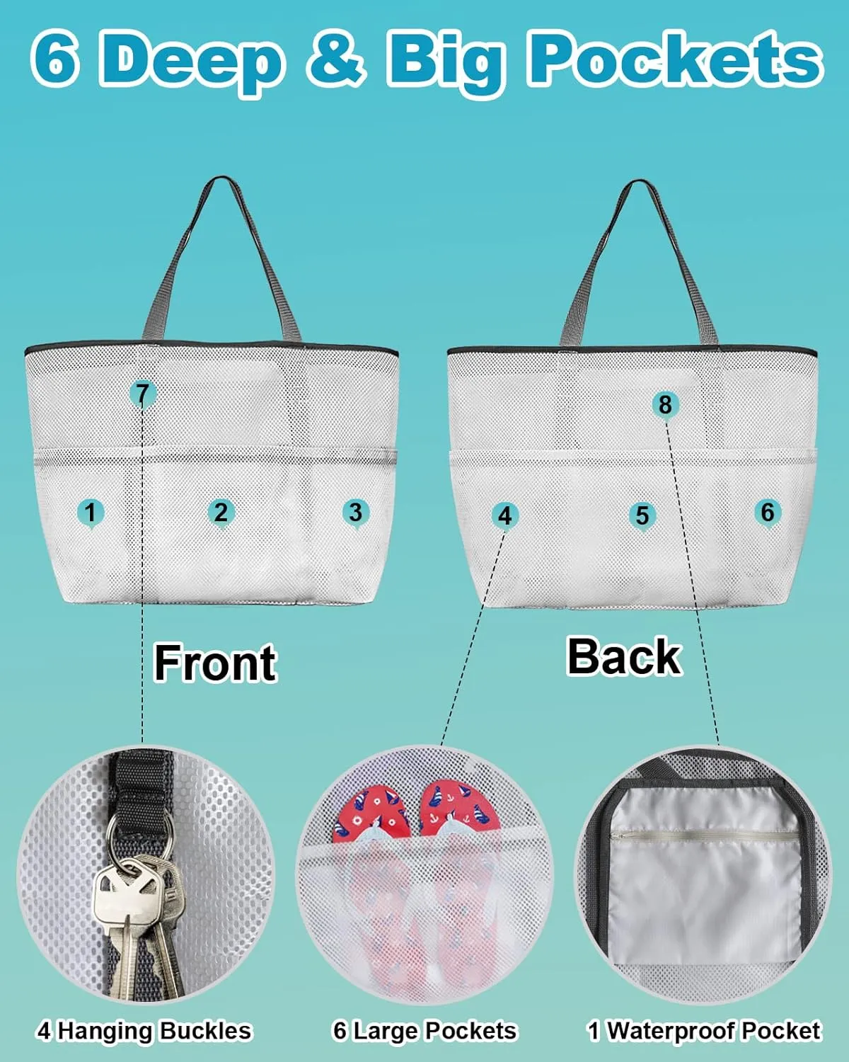 Mesh Beach Bag Oversized Tote Bags for Women Pastoral Green Leaves on White Large Bags for Travel Pool Grocery