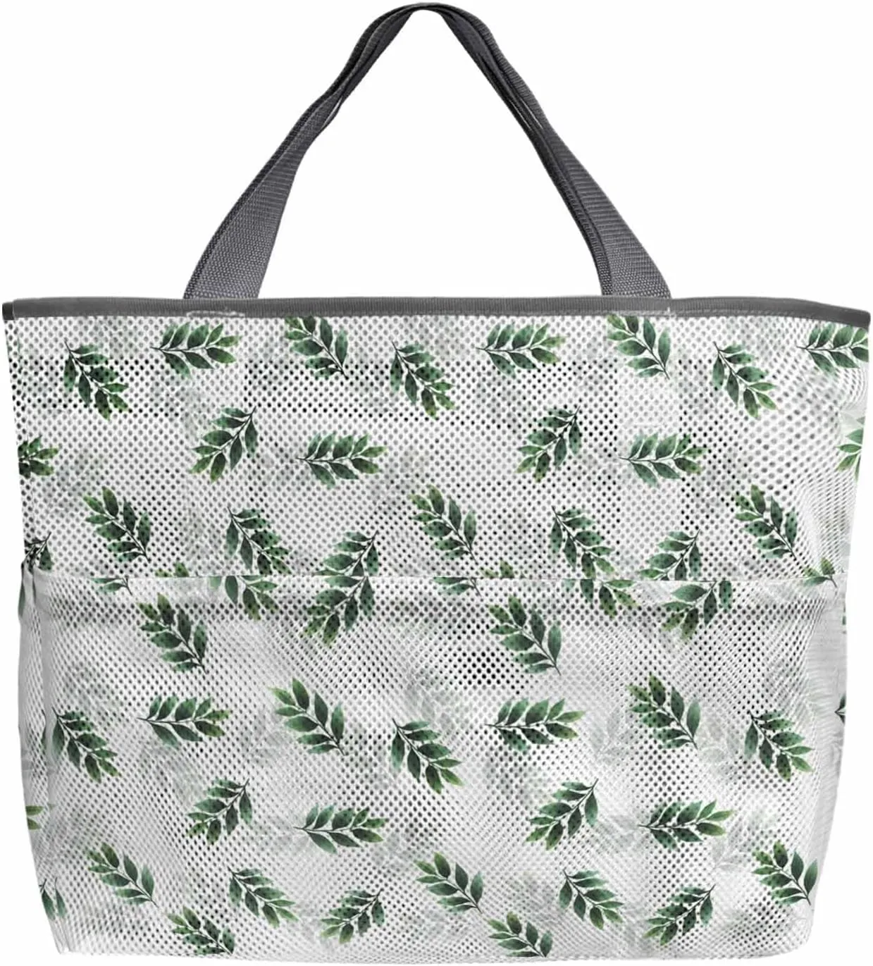 Mesh Beach Bag Oversized Tote Bags for Women Pastoral Green Leaves on White Large Bags for Travel Pool Grocery