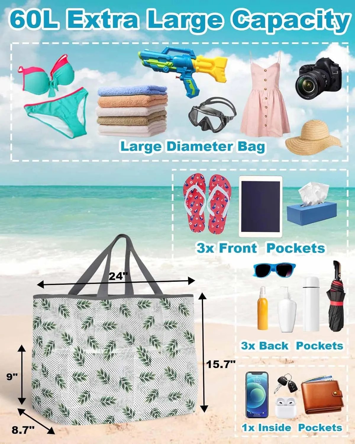 Mesh Beach Bag Oversized Tote Bags for Women Pastoral Green Leaves on White Large Bags for Travel Pool Grocery