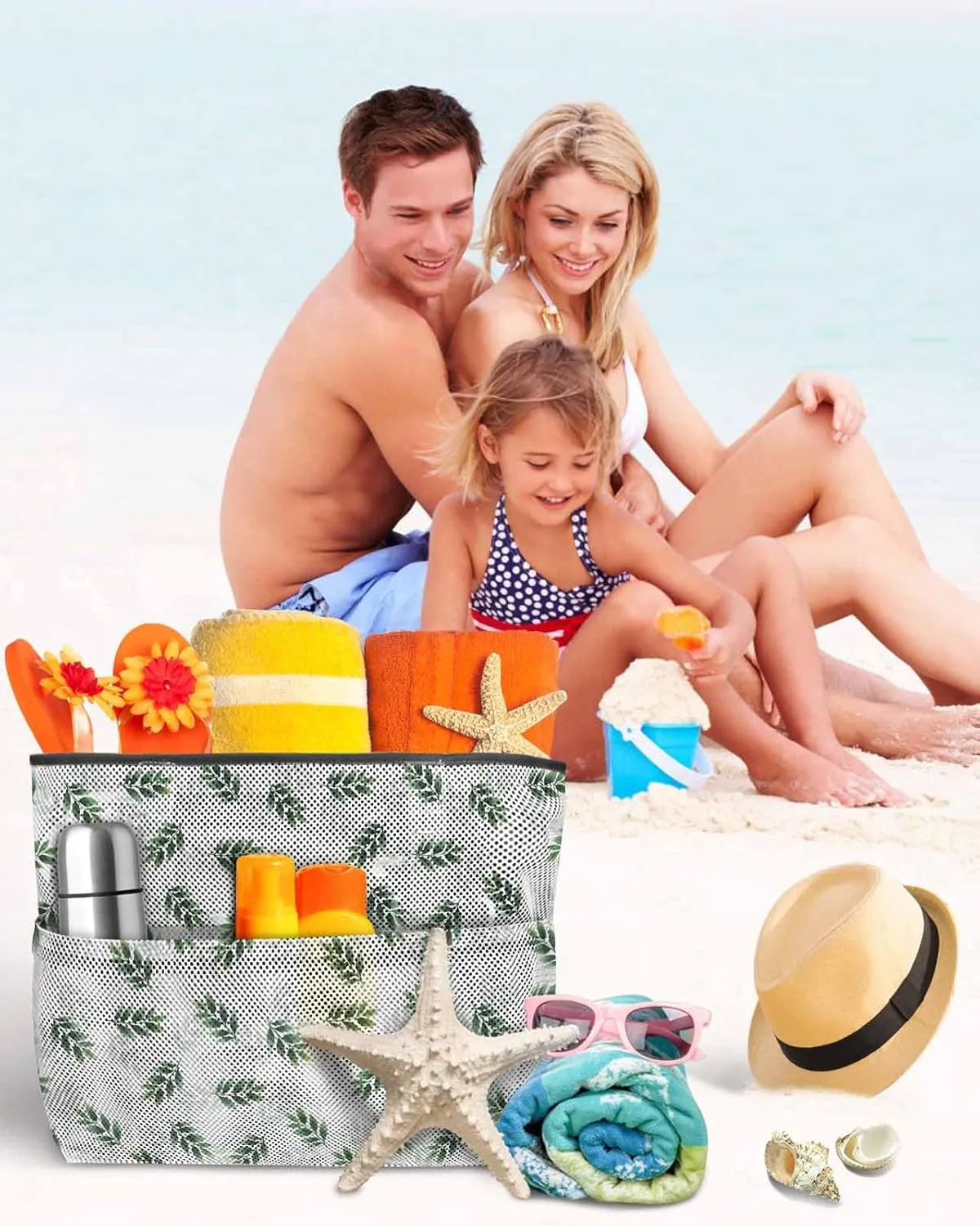 Mesh Beach Bag Oversized Tote Bags for Women Pastoral Green Leaves on White Large Bags for Travel Pool Grocery