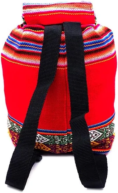 Mia Jewel Shop Mini Multicolored Peruvian Tribal Print Striped Pattern Lightweight Drawstring Backpack - Handmade Bags Boho Accessories (Red)