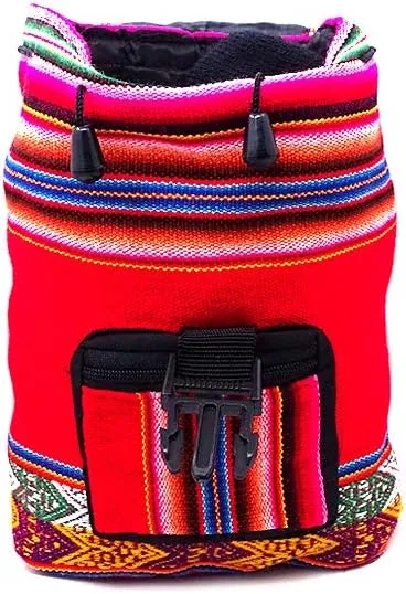 Mia Jewel Shop Mini Multicolored Peruvian Tribal Print Striped Pattern Lightweight Drawstring Backpack - Handmade Bags Boho Accessories (Red)