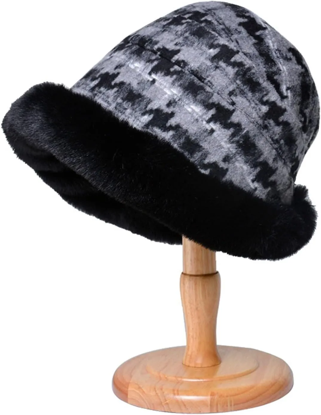 Miyaomn Women's Winter Fluffy Furry Snow Bucket Hat Outdoor Rolled Brim Faux Fur Stylish Print Cloche Hats with Fleece Lining