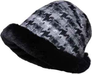Miyaomn Women's Winter Fluffy Furry Snow Bucket Hat Outdoor Rolled Brim Faux Fur Stylish Print Cloche Hats with Fleece Lining